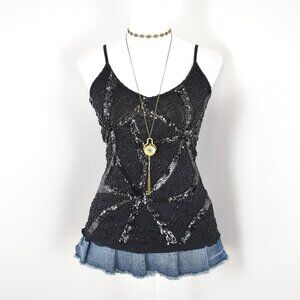 Witchy 00s Y2K Black Multilayered Sheer Mesh Floral Sequined & Beaded Cami Top